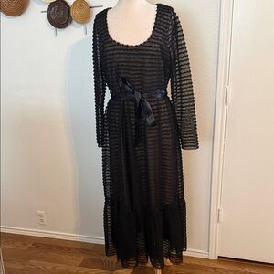 BCBGMaxAzria Black Sheer Striped Long Sleeve Midi Dress